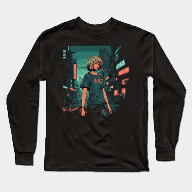 Cyberpunk Anime Aesthetic in Tokyo Japan Long Sleeve T-Shirt by Pixy Official